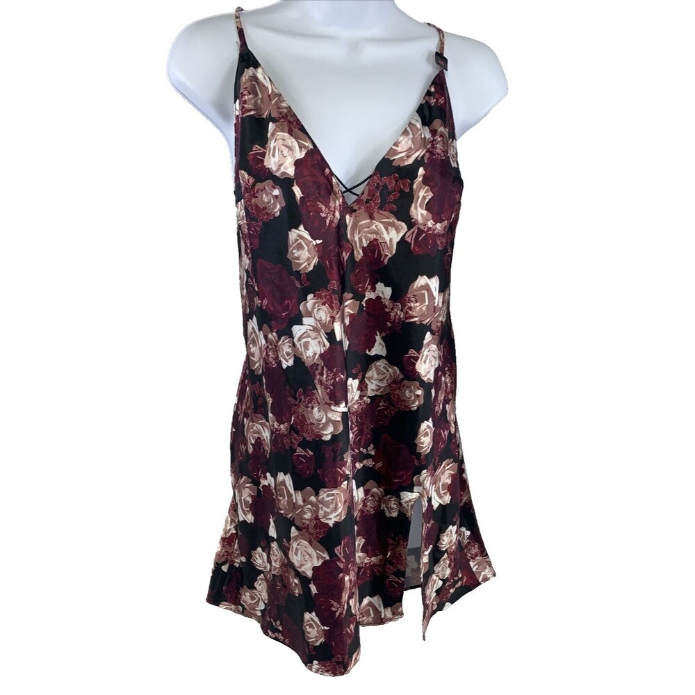 La Senza Slip Dress Women's L Semi Sheer Short Black Floral Whimsigoth Fairy